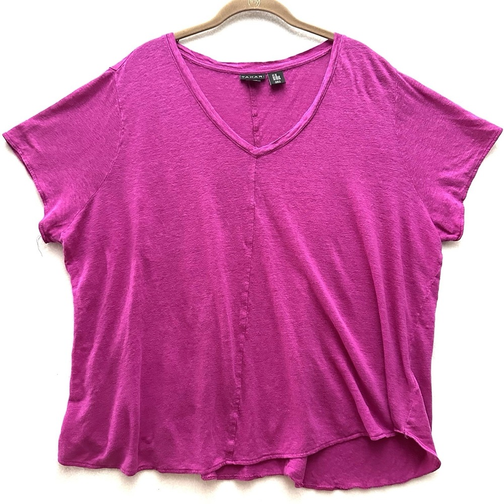 Tahari Women's 3X 100% Linen V-neck Short‎ Sleeve T-Shirt Pink Purple